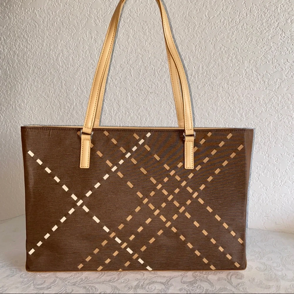 Burberry Brown Tote with Tan Strap and Plaid Cutout Detail